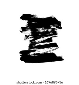 Schwarze Vektorillustration, Pinselstrich oder Gestalt. Dirty Grunge Design Element, Box oder Hintergrund für Text. Grungiger, schwarzer Abstrich und raue Flecken. Handgezeichnete Tintengrafik einzeln auf Weiß.