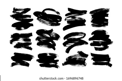 Vector black paint, ink brush strokes and shapes. Dirty grunge design element, box or background for text. Grungy black smears and rough stains. Hand drawn ink illustration isolated on white.