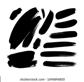 Vector black paint, ink brush strokes and lines. Dirty grunge design element, box or background for text. Grungy black smears and rough stains, lines. Hand drawn ink illustration isolated on white