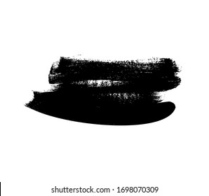 Vector black paint, ink brush stroke or shape. Dirty grunge design element, box or background for text. Grungy black smear and rough stains. Hand drawn ink illustration isolated on white.
