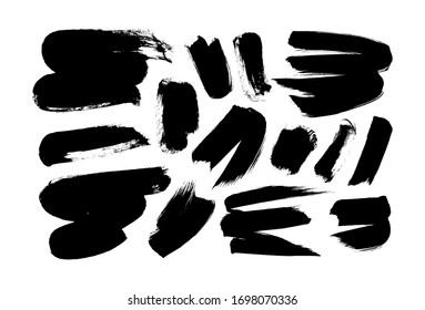 Pintura negra vectorial, trazos y líneas de pincel de tinta. Elemento de diseño de fondo, cuadro o fondo de fondo sucio para texto. Melancolía negra gruesa y manchas ásperas, líneas. Ilustración de tinta dibujada a mano aislada en blanco