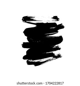 Vector black paint, ink brush stroke or shape. Dirty grunge design element, box or background for text. Grungy black smear and rough stains. Hand drawn ink illustration isolated on white.