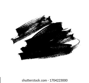 Vector black paint, ink brush stroke or shape. Dirty grunge design element, box or background for text. Grungy black smear and rough stains. Hand drawn ink illustration isolated on white.