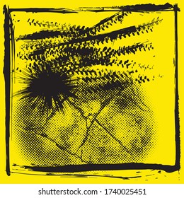 Vector black paint, ink brush stroke, brush, line or texture isolated on yellow background. Dirty artistic design element, box, frame or background for text. 