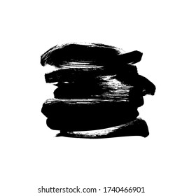 Pintura negra vectorial, trazo o forma de pincel de tinta. Elemento de diseño de fondo, cuadro o fondo de color gris sucio para el texto. Desprestigio negro y manchas ásperas. Ilustración de tinta dibujada a mano aislada en blanco.