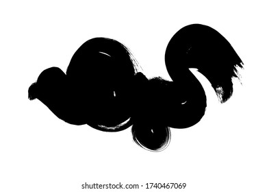 Vector black paint, ink brush stroke or swirls shape. Dirty grunge design wavy element or background for text. Grungy black smear and rough stain. Hand drawn ink illustration isolated on white.