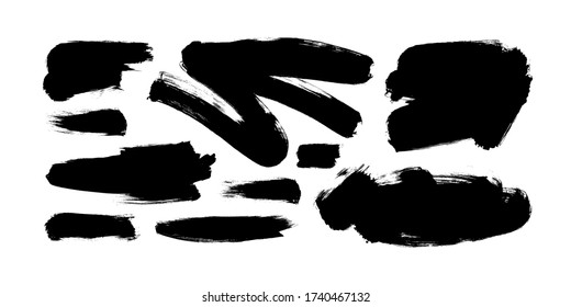 Vector black paint, ink brush strokes and lines. Dirty grunge design element, box or background for text. Grungy black smears and rough stains, lines. Hand drawn ink illustration isolated on white