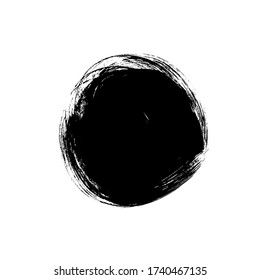 Vector black paint, ink brush stroke circle shape. Dirty grunge design round element or background for text. Grungy black smear and rough stain. Hand drawn ink illustration isolated on white.