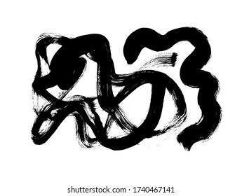 Vector black paint, ink brush stroke or swirls shape. Dirty grunge design wavy element or background for text. Grungy black smear and rough stain. Hand drawn ink illustration isolated on white.