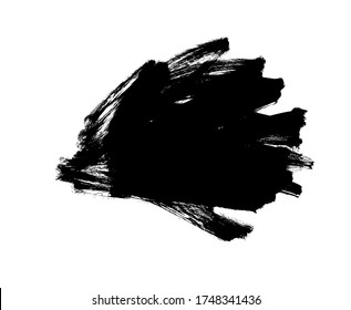 Vector black paint, ink brush stroke, messy shape. Dirty grunge design element, background for text. Grungy black smear and rough stain. Hand drawn ink illustration isolated on white.