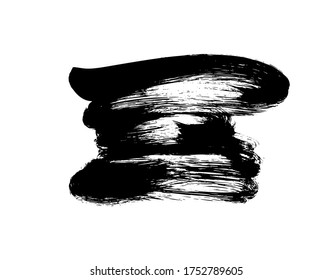Vektorschwarze Farbe, Pinselstrich oder -form. Dirty Grunge Design Element, Box oder Hintergrund für Text. Grungiger, schwarzer Abstrich und raue Flecken. Handgezeichnete Tintengrafik einzeln auf Weiß.