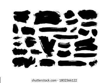 Vector black paint, ink brush strokes and splotch collection. Dirty grunge design element, box or background for text. Grungy black smears and splodges. Hand drawn ink illustration isolated on white