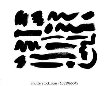 Vector black paint, ink brush strokes and lines. Dirty grunge design element, circle or background for text. Grungy smears and rough stains, curved lines. Hand drawn ink illustration isolated on white