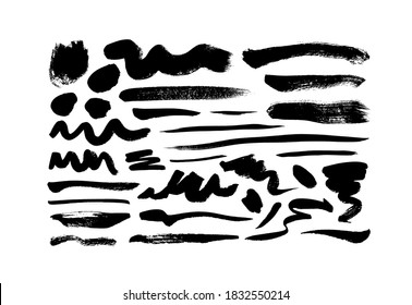 Vector black paint, ink brush strokes and lines. Dirty grunge design element, circle or background for text. Grungy smears and rough stains, curved lines. Hand drawn ink illustration isolated on white