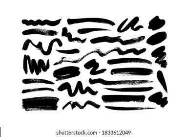 Vector black paint, ink brush strokes and lines. Dirty grunge design element, circle or background for text. Grungy smears and rough stains, curved lines. Hand drawn ink illustration isolated on white