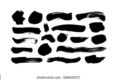 Vector black paint, ink brush strokes and lines. Dirty grunge design element, box or background for text. Grungy black smears and rough stains, lines. Hand drawn ink illustration isolated on white