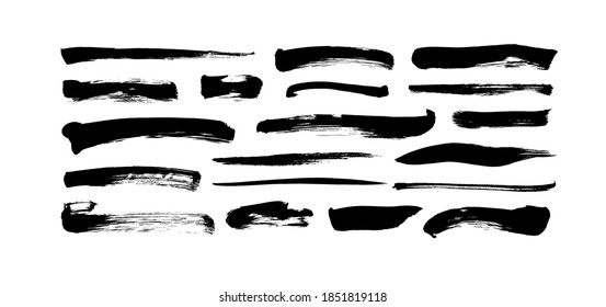  Vector black paint, ink brush strokes and lines. Dirty grunge design element, box or background for text. Grungy black smears and rough stains, lines. Hand drawn ink illustration isolated on white