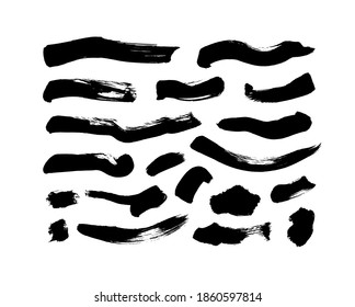 Vektorschwarze Farbe, Pinselstriche und Linien. Dirty Grunge Design Element, Box oder Hintergrund für Text. Graue schwarze Schmutzspritzen und raue Flecken, Linien. handgezeichnete farbige Illustration einzeln auf Weiß