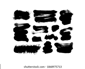 Pintura negra vectorial, trazos de pincel de tinta y colección de formas. Elemento de diseño de fondo, cuadro o fondo de color gris sucio para el texto. Melancolía negra y mancha áspera. Ilustración de tinta dibujada a mano aislada en blanco