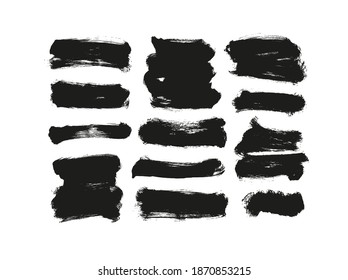 Vektorschwarze Farbe, Pinselstriche und Formen Kollektion. Dirty Grunge Design Element, Box oder Hintergrund für Text. Graue schwarze Schmutzspritzer und grober Fleck. handgezeichnete farbige Illustration einzeln auf Weiß
