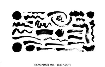 Vector black paint, ink brush strokes and lines. Dirty grunge design element, box or background for text. Grungy black smears and rough stains, lines. Hand drawn ink illustration isolated on white