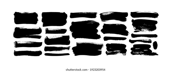 Vector black paint, ink brush strokes and lines. Dirty grunge design element, box or background for text. Grungy black smears and rough stains, lines. Hand drawn ink illustration isolated on white