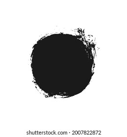 Vector black paint, ink brush stroke circle shape. Dirty grunge design round element or background for text. Grungy black smear and rough stain. Hand drawn ink illustration isolated on white.