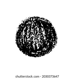 Vector black paint, ink brush stroke circle shape. Charcoal or pencil drawing. Dirty grunge round element, background for text. Grungy black rough smear. Hand drawn ink illustration isolated on white.