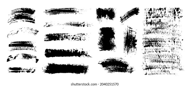 Pintura negra vectorial, trazos de pincel de tinta, pinceles, revestimiento o texturas. Elementos de diseño artístico, cuadros, marcos o fondos sucios para texto.