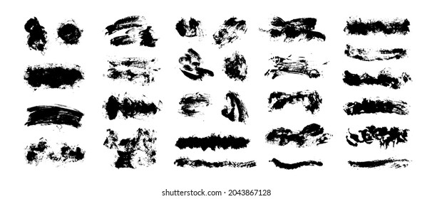 Vector black paint, ink brush strokes, brushes, lines or textures. Dirty artistic design elements, boxes, frames or backgrounds for text. Messy, chaotic, rough brush smears.