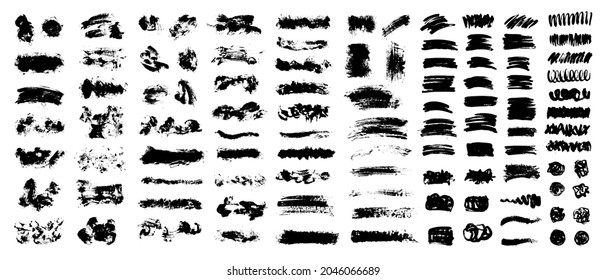 Vektorschwarze Farbe, Pinselstriche, Pinsel, Linien oder Texturen. Schmutzige künstlerische Design-Elemente, Boes, chaotische Flecken, Bordüren.