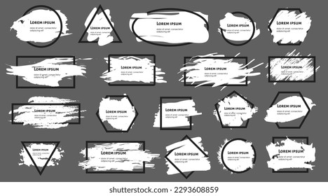 Pintura negra vectorial, trazo de pincel de tinta, pincel, línea o textura. Elementos de diseño artístico, cuadros, marcos para texto.