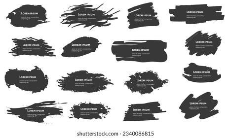 Pintura negra vectorial, trazo de pincel de tinta, pincel, línea o textura. Elementos de diseño artístico, cuadros, marcos para texto.