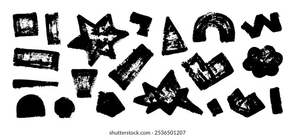 Vector black paint, ink brush stroke, brush, line, arch, star or texture. Dirty artistic design element, form. Hand drawn grunge style. Kid, childish doodles. 