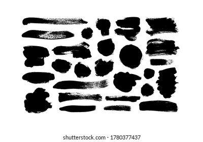 Vector black paint, ink line brushstrokes. Dirty grunge design brush strokes or background for text. Grungy black smears and rough stains, circles. Hand drawn ink illustration isolated on white