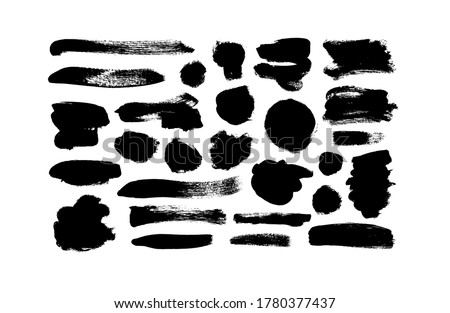 Vector black paint, ink line brushstrokes. Dirty grunge design brush strokes or background for text. Grungy black smears and rough stains, circles. Hand drawn ink illustration isolated on white