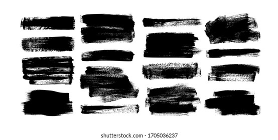 Vector black paint, rectangular ink brush stroke and shapes set. Dirty grunge design element, box or background for text. Grungy smears and rough stains. Hand drawn ink illustration isolated on white - Shutterstock ID 1705036237