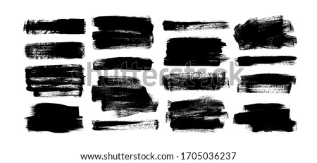 Vector black paint, rectangular ink brush stroke and shapes set. Dirty grunge design element, box or background for text. Grungy smears and rough stains. Hand drawn ink illustration isolated on white