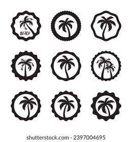 Vector black palm tree circle sticker set