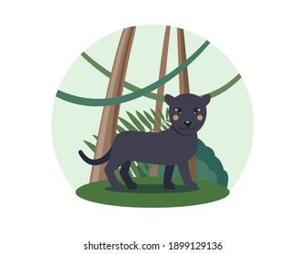 Vector black panther in flat cartoon style with forest landscape. Jungle walking animal, side view. Cute children's illustration on white background. EPS10