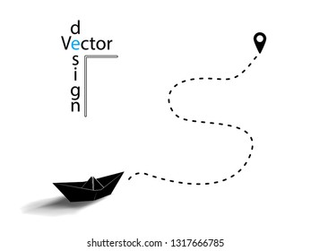 Vector black paper origami ship or boat. Silhouette. The dotted line, the concept of travel location on the map pin. Isolated white background.