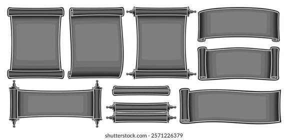 Vector Black Paper Scroll Set, collection of cut out illustrations vertical and horizontal black paper with copy space for promotion, group of different paper scroll layouts for ad on white background