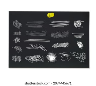 Vector Black Paper Sheet and White Scribble Lines on It, Pinned Paper, Black Background, Illustration, Different Scribblings Set.