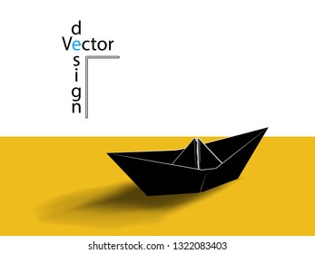 Vector black paper ship. Illustration of origami boat with shadow, yellow background, business concept.