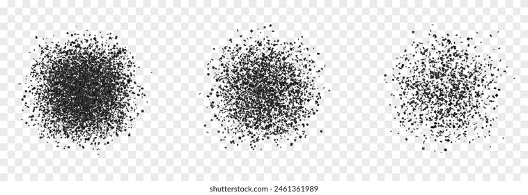Vector black particles png. Particle explosion png. An explosion of particles in the shape of a circle. Particles on an isolated transparent background.