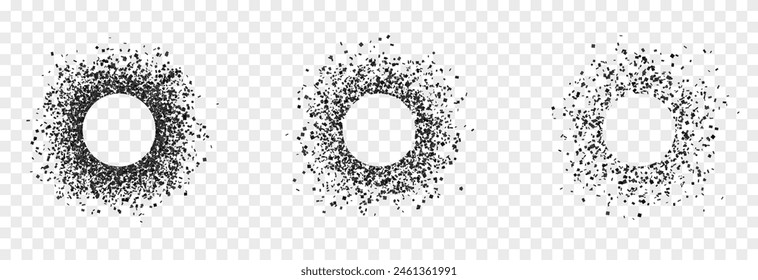 Vector black particles png. Particle explosion png. An explosion of particles in the shape of a circle. Particles on an isolated transparent background.