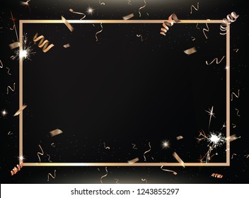 The vector black party and celebration background with golden confetti and border 