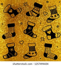 Vector black pattern on a gold glittering textured background. Merry Christmas and New Year wrapping paper with Christmas socks illustrations