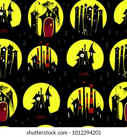 Vector black pattern with silhouettes of different buildings isolated on white background. Seamless pattern can be used for wallpaper, pattern fills, web page background, surface textures.