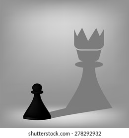 Vector Black Pawn Isolated on Grey Background with Queen Shadow